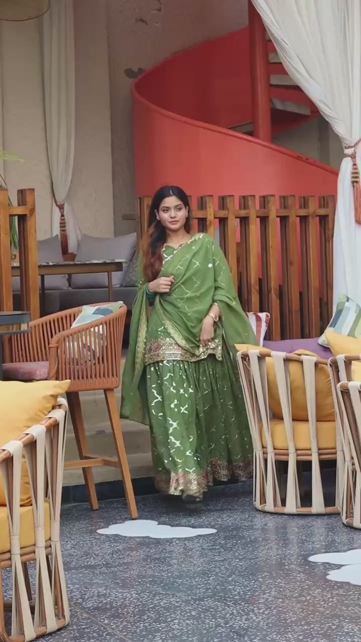 AAvaran Chinon Silk Embroidered Sharara Plazo Set