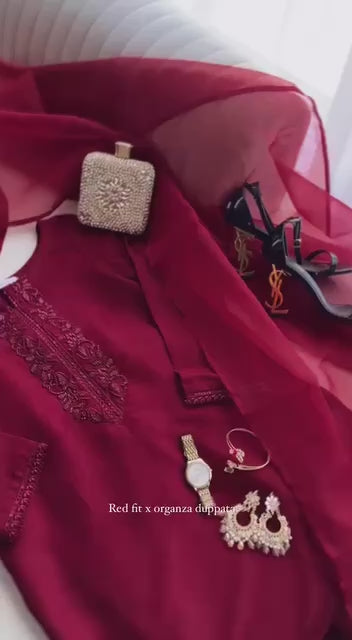 AAvaran Crimson Red Crepe Silk Hand-Embroidered Farshi Salwar Kameez Set
