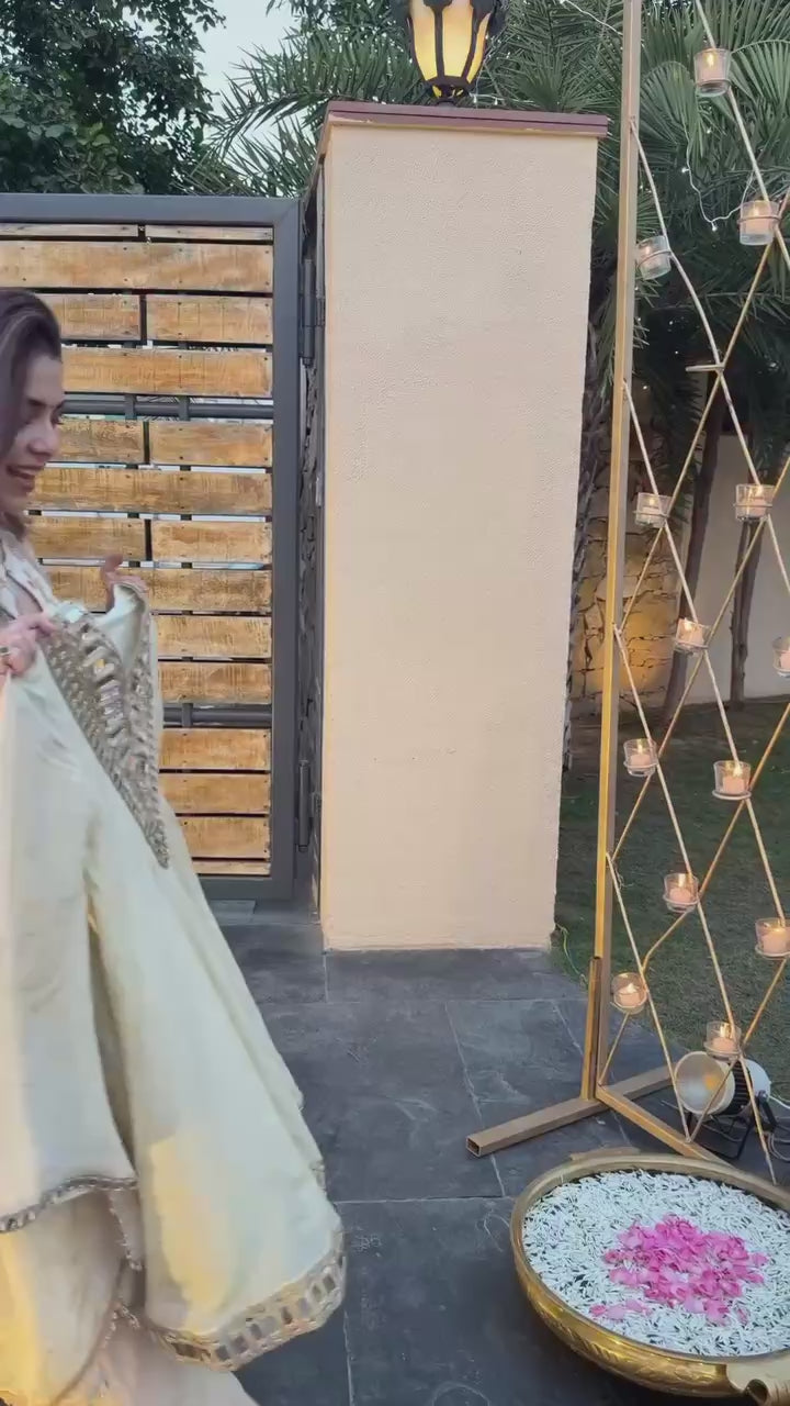 Cream Royale Mirror-Work Jari Silk Sharara Set