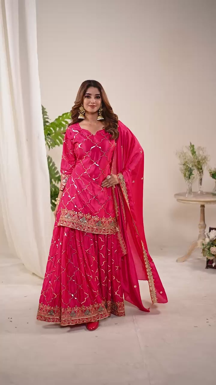 AAvaran Chinon Silk Embroidered Sharara Plazo Set