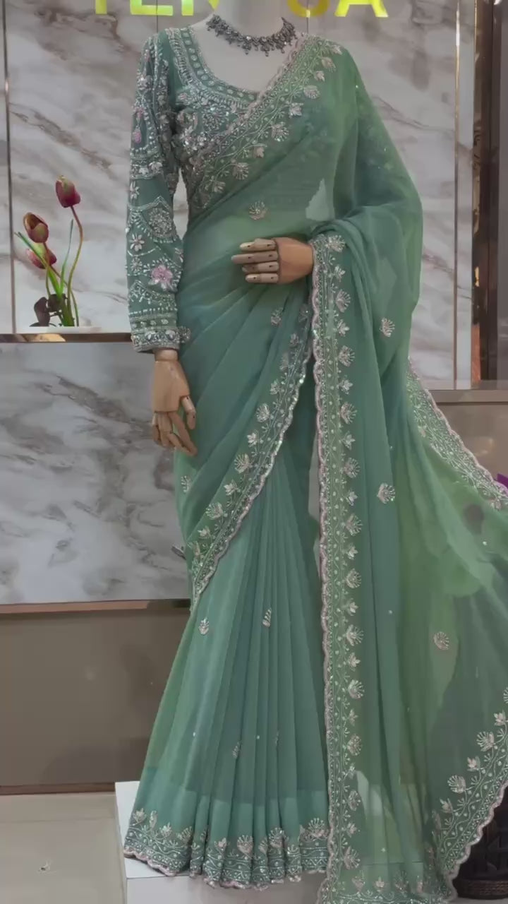 Mint Whisper Pearl-Embroidered Georgette Saree by AAvaran