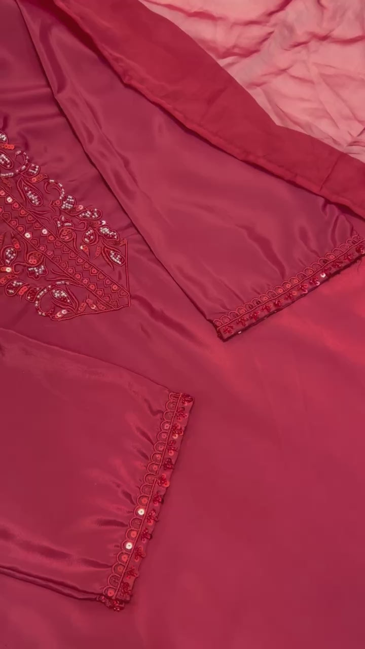 AAvaran Crimson Red Crepe Silk Hand-Embroidered Farshi Salwar Kameez Set