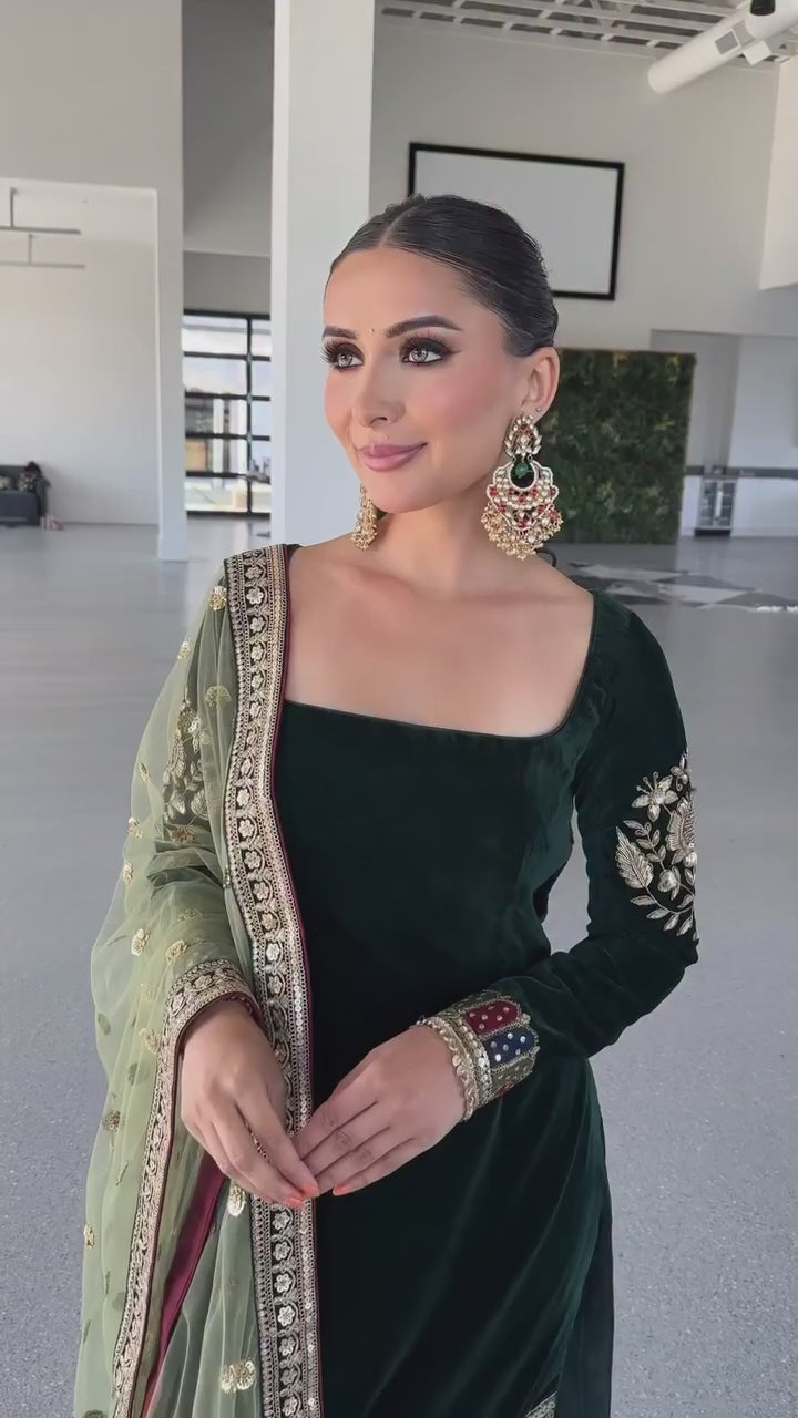 Dark Green Velvet Embroidered Kurta Set