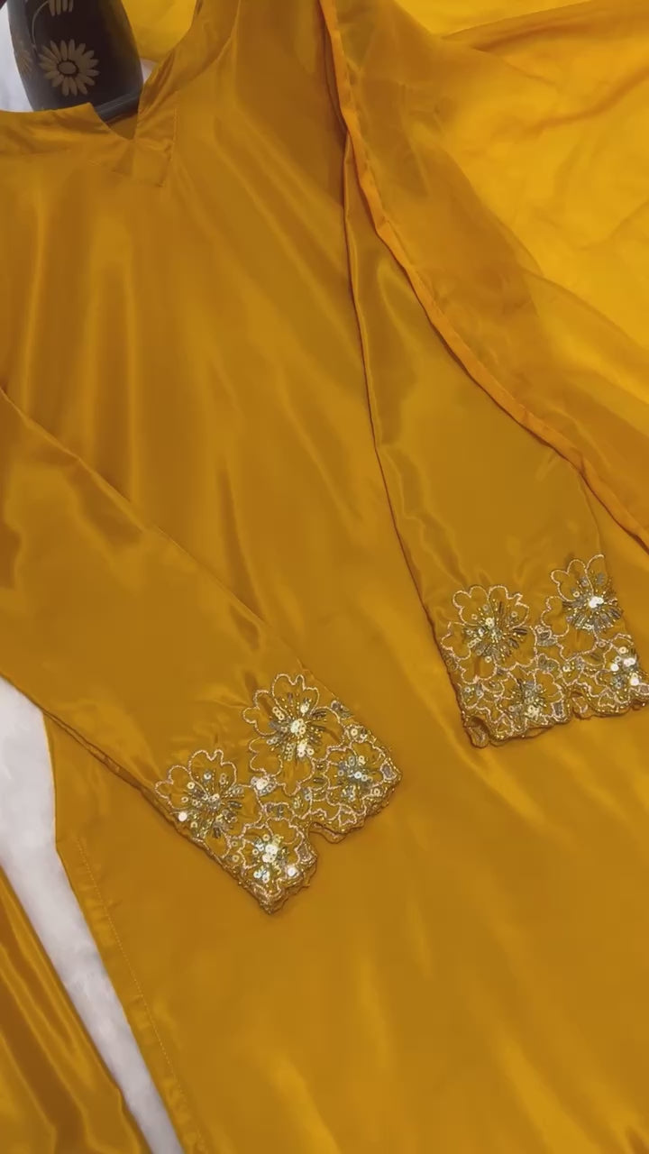 AAvaran Heavy Crepe Silk Farshi Salwar Suit with Handwork & Dupatta