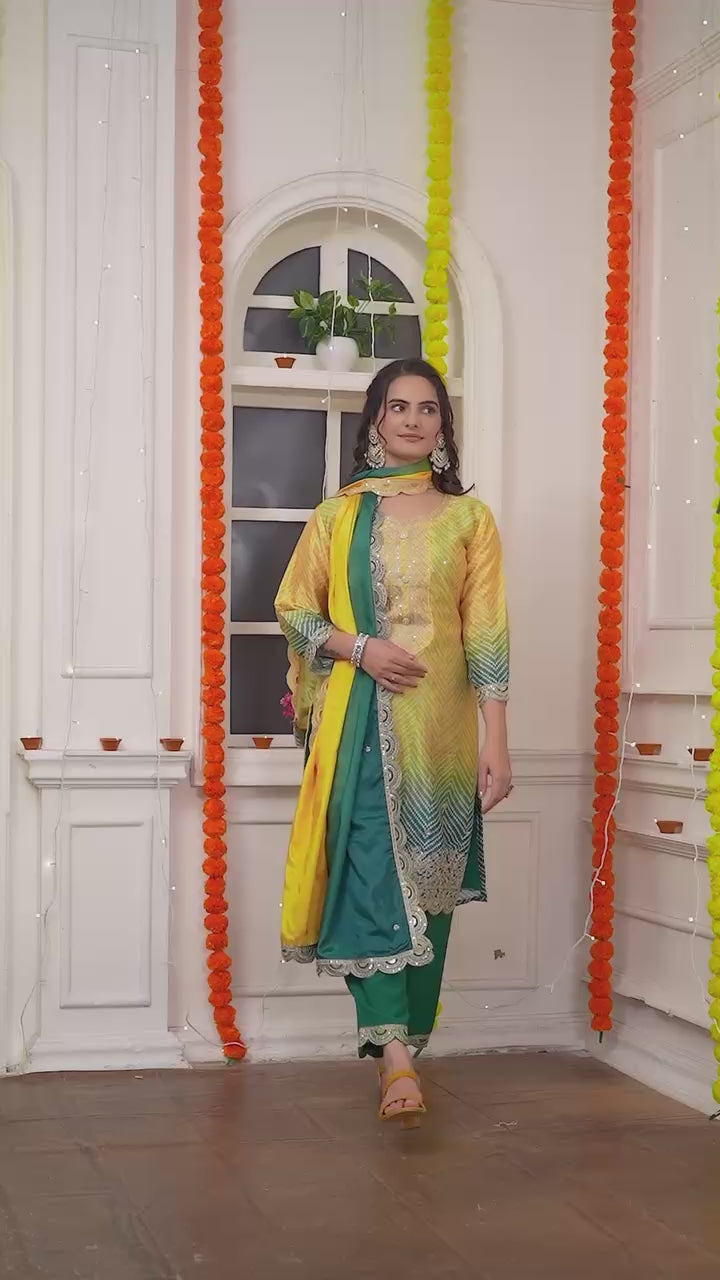 AAvaran Chinon Silk Bandhani Digital Print Top with Dupatta and Embroidery Sequence Work