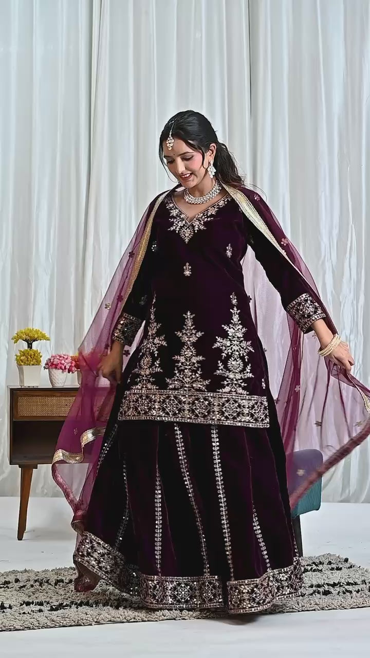 Burgundy Velvet Radiance Embroidered Sharara Set