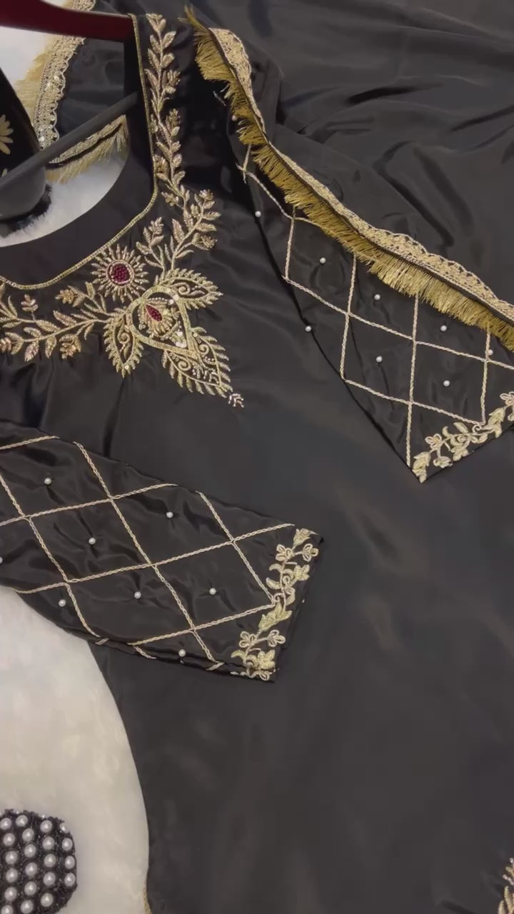 Natural Crape Embroidered Kurti Lehenga Set with Dupatta | AAvaran