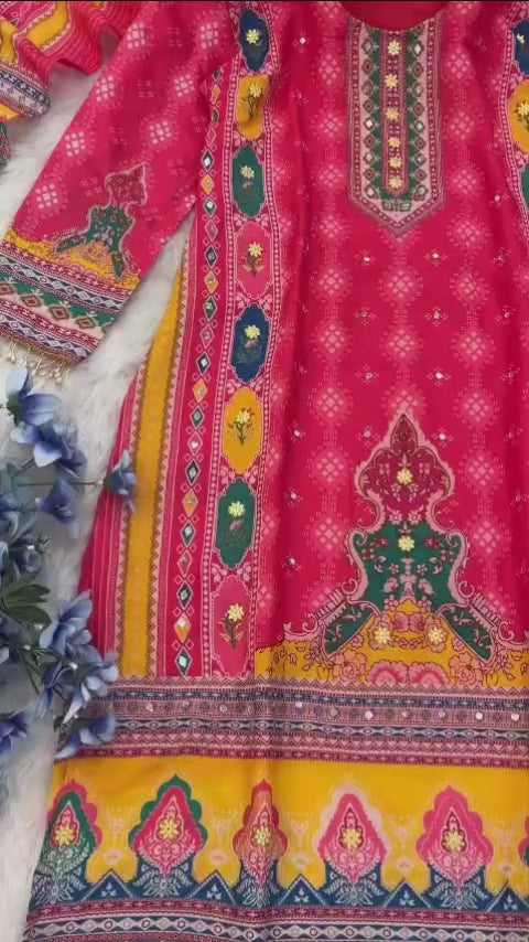 AAvaran Red Mirror Work Muslin Kurti Pant Set with Printed Dupatta