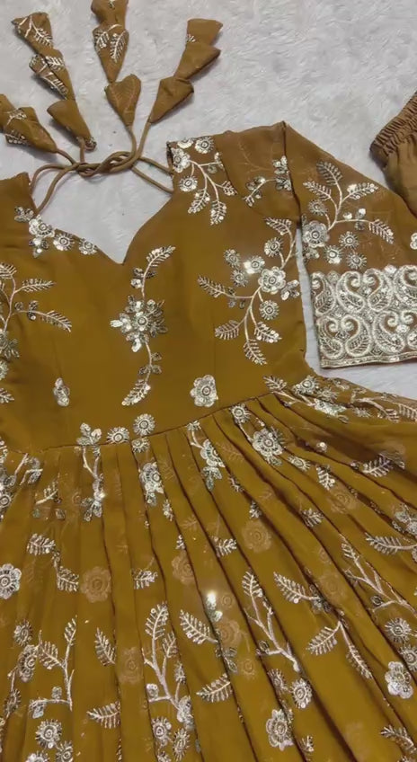 Mustard Yellow Embroidered Faux Georgette Anarkali Suit with Dupatta | AAvaran
