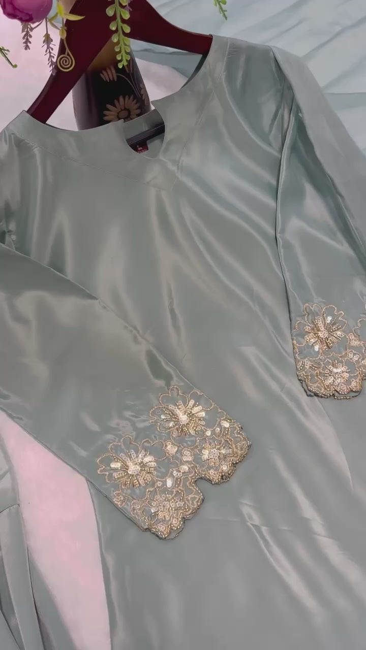 AAvaran Heavy Crepe Silk Farshi Salwar Suit with Handwork & Dupatta