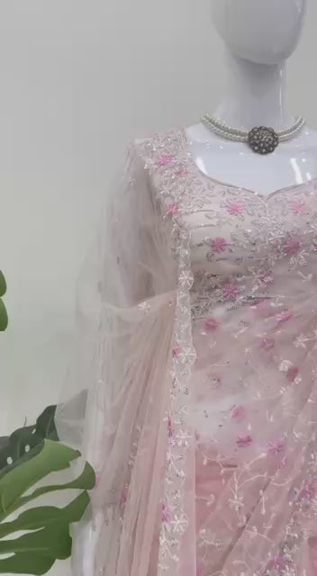 Blush Whisper Embroidered Soft Net Saree by AAvaran