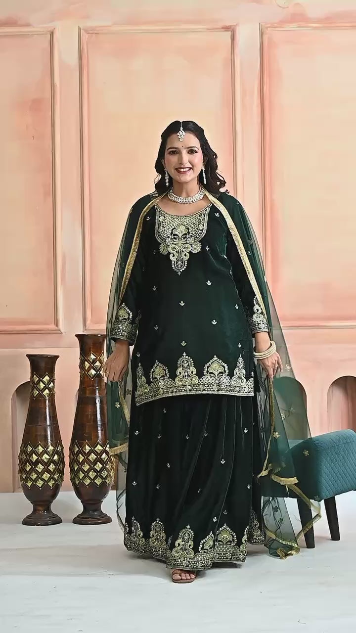 Emerald Muse Velvet Embroidered Sharara Set