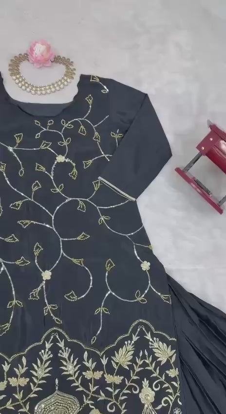 AAvaran Natural Crepe Silk Lehenga Set with Beads & Thread Work