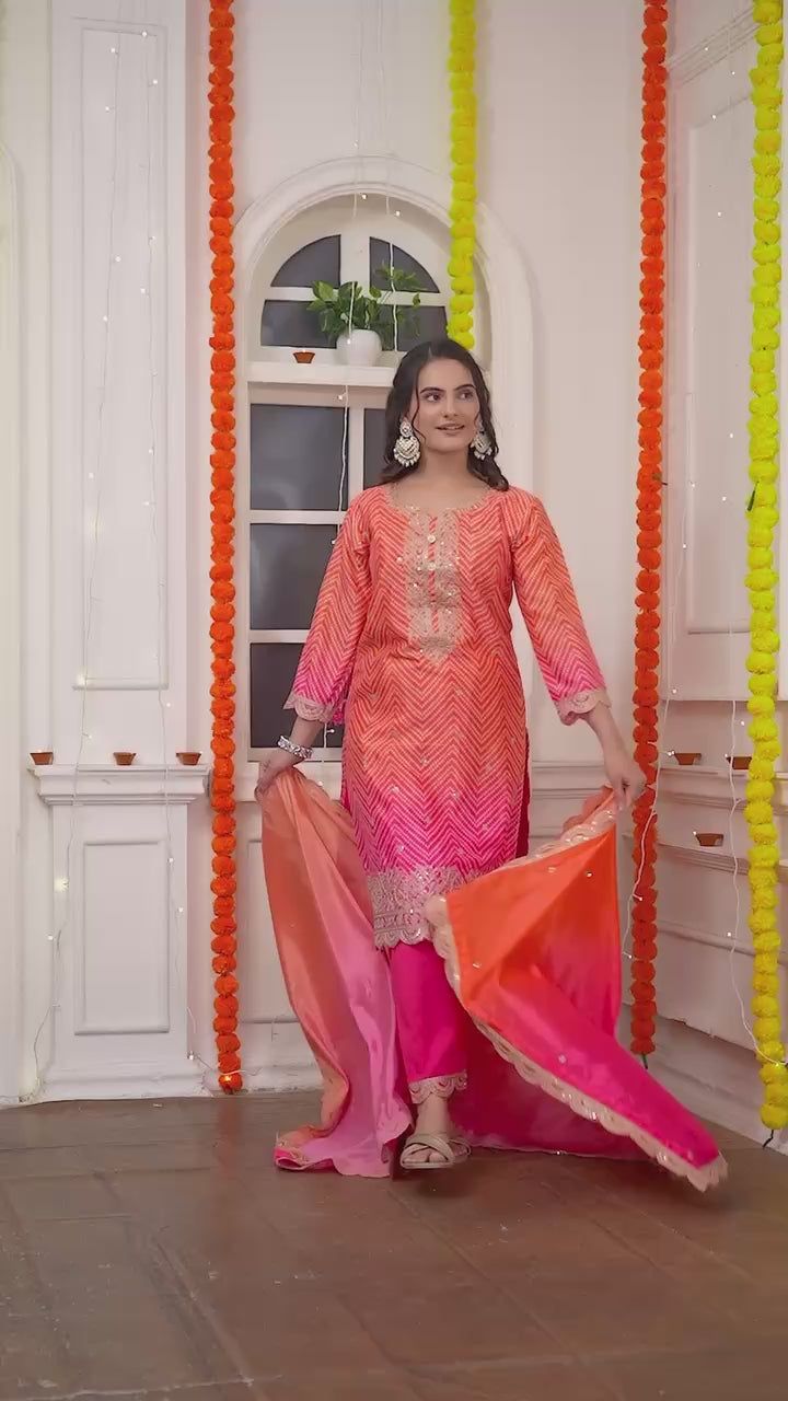 AAvaran Chinon Silk Bandhani Digital Print Top with Dupatta and Embroidery Sequence Work