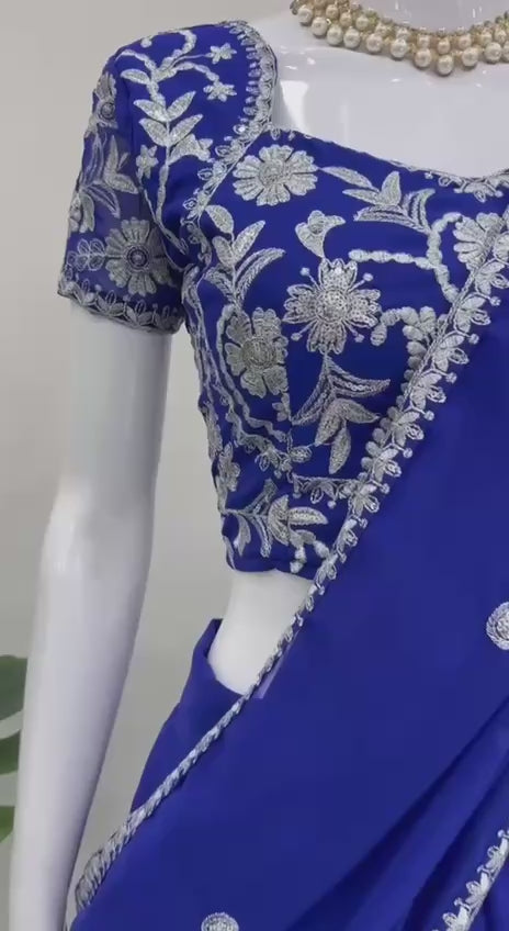 Orange–Cobalt Ruffle Lehenga Saree