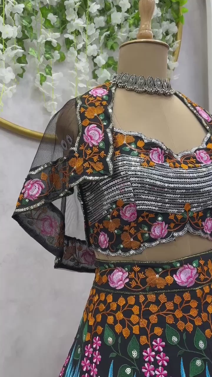 Black Sequence Work Georgette Koti Lehenga Choli | AAvaran Party Edit