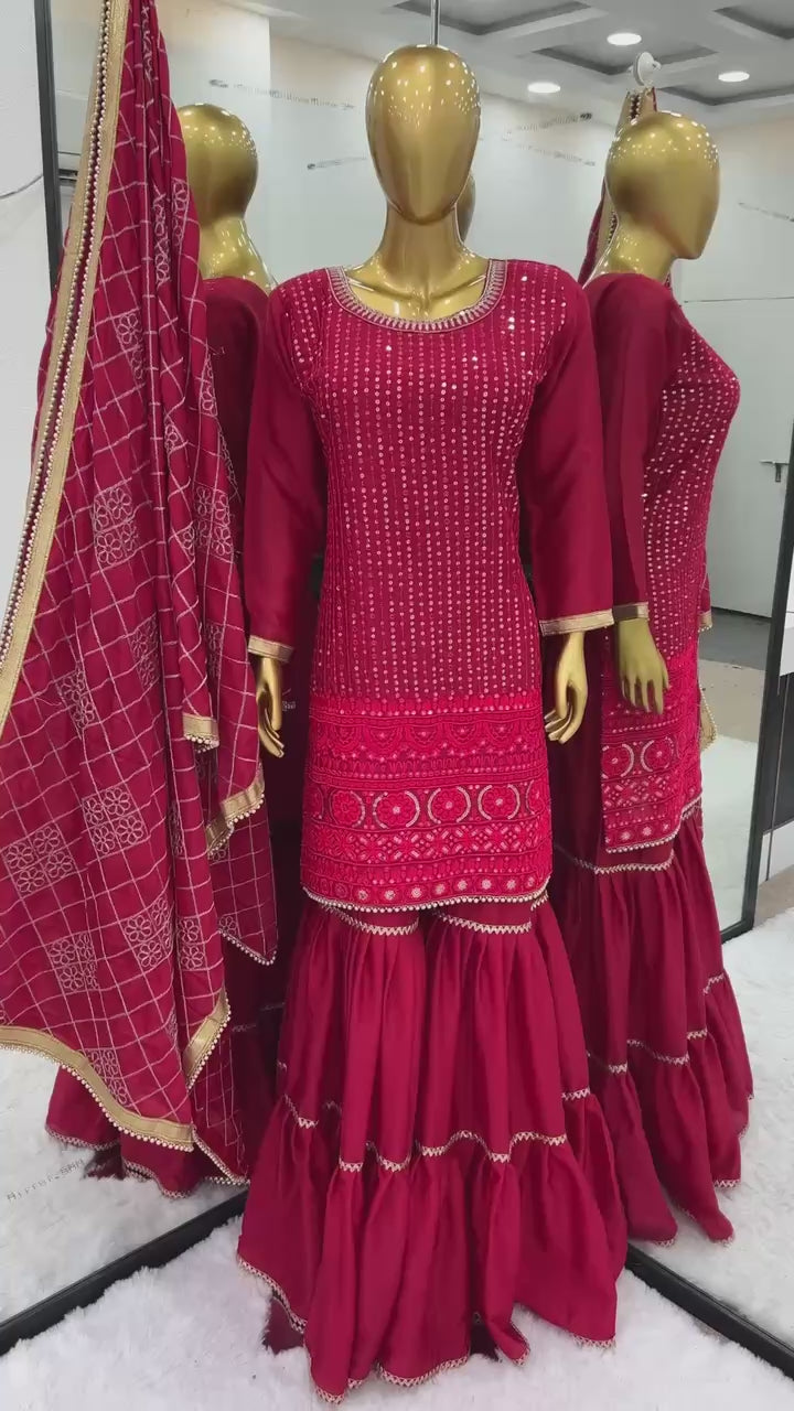 Faux Georgette Embroidered Sharara Suit with Sequin Work | AAvaran