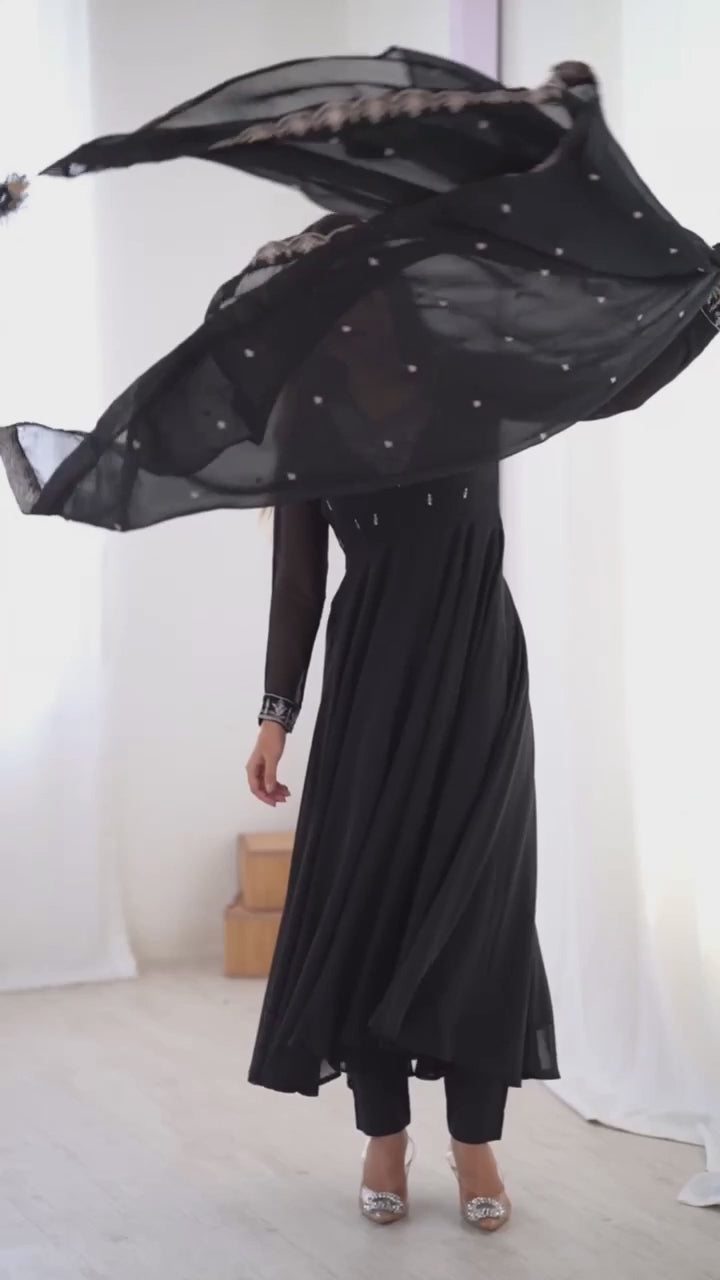 AAvaran Black, Purple & Green Faux Georgette Embroidered Anarkali Suit Set